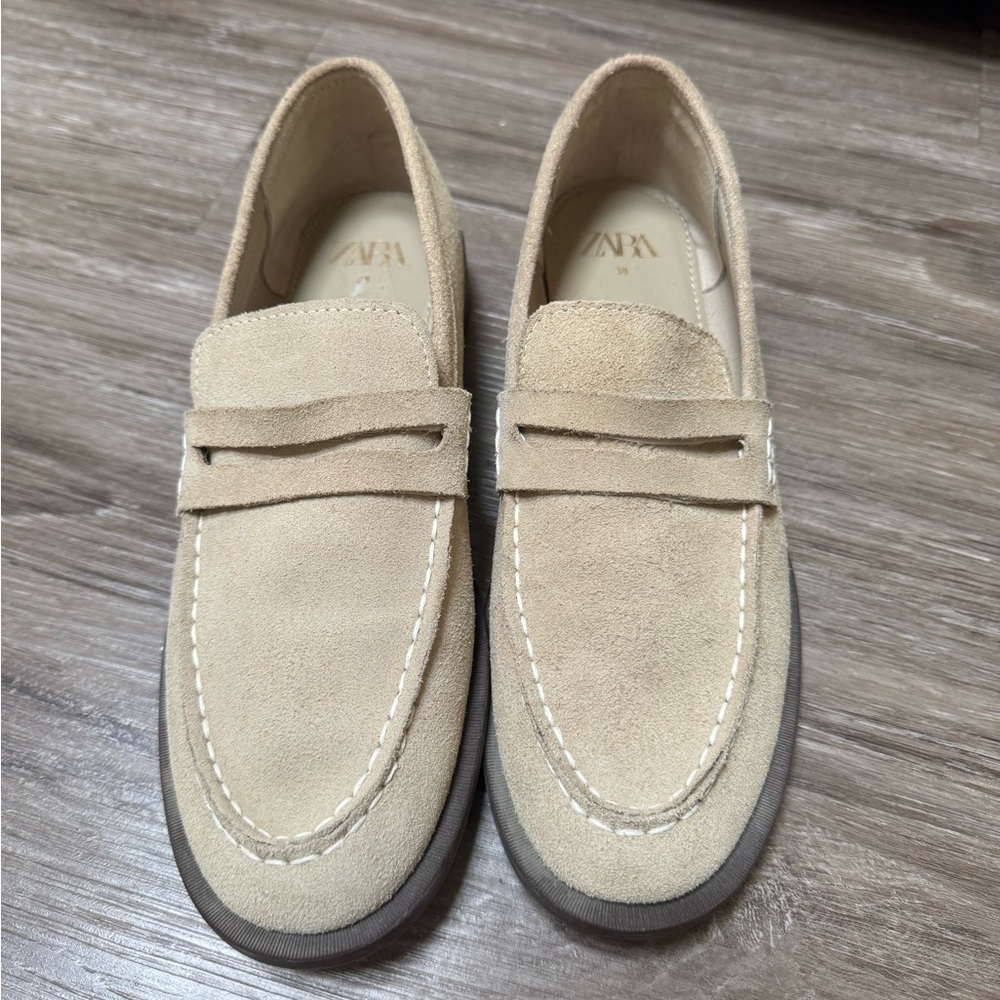 Zara Beige Suede Penny Loafers for Women